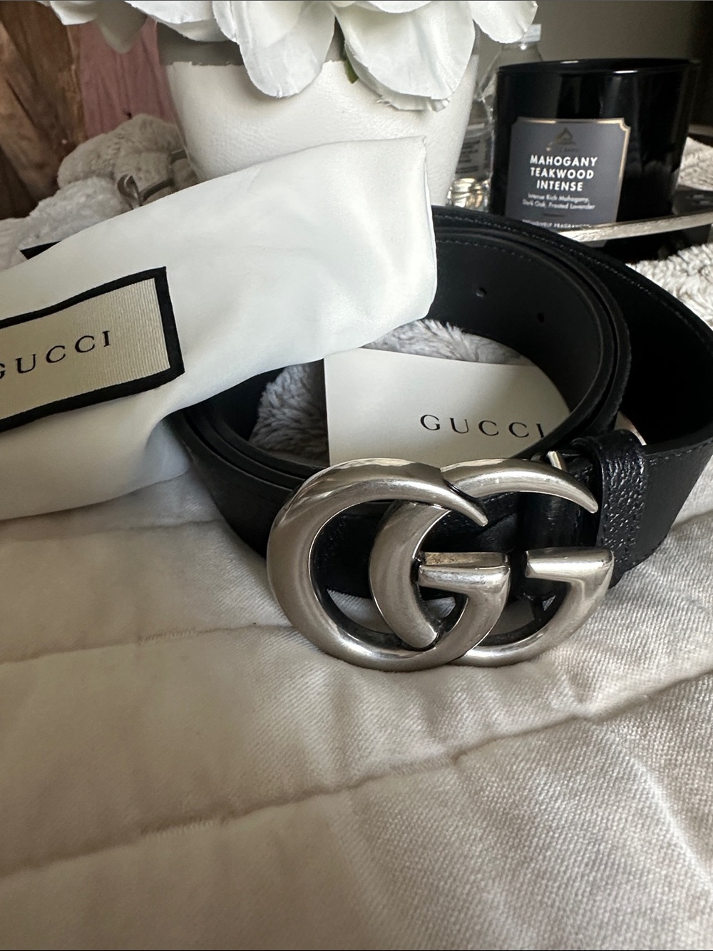 Gucci Black Leather Belt with Silver Double G Buckle